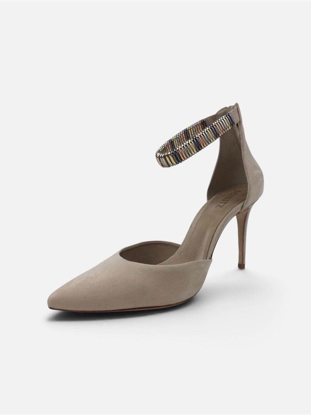 Shutz Ankle-Strap Pointed-Toe Heels in Cream with Metallic Accent